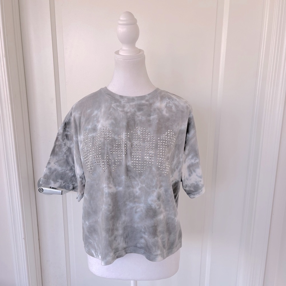 AC/DC Womens Tie Dye Gray Silver Studded Bling Band Tee Cropped T-shirt Size L